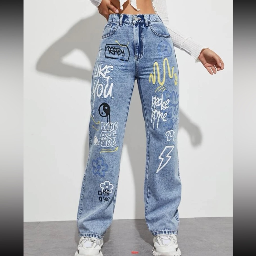 Slogan and Yin & Yang Print Jeans
